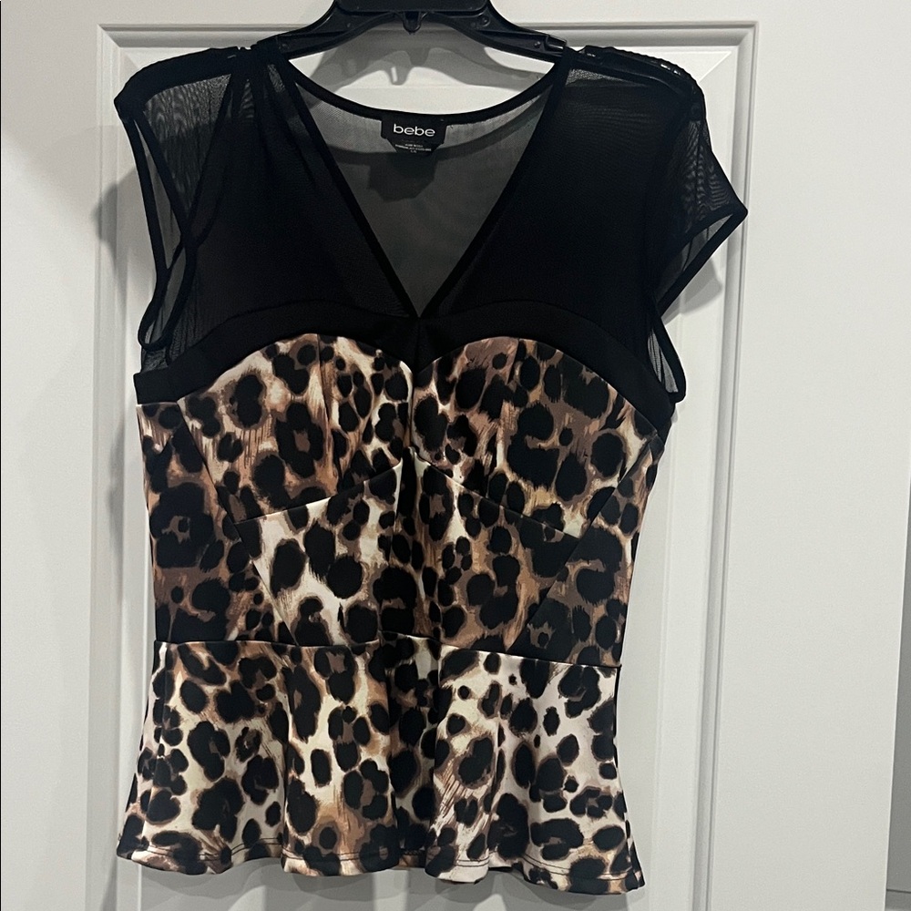 Bebe Leopard Print Mesh Top